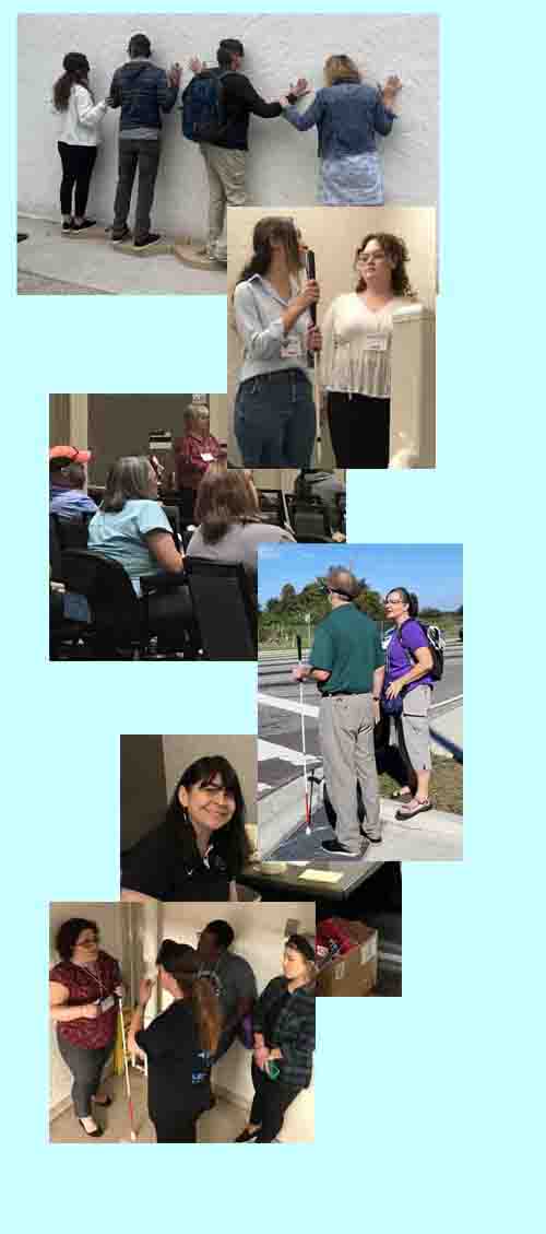 A collage of picturs 6 pictures showing 1-participants guiding each other along a simulated cliff face, 2- 2 participants talking with each other, one is holding a cane, 3- participants at a lecture, 4- Jennifer Graham standing at a corner with an engineer wearing a vision simulator, 5- Eileen Bischoff sitting in the hall and smiling at us, 6- Elaine Mara talking with some participants in a stairwell. 